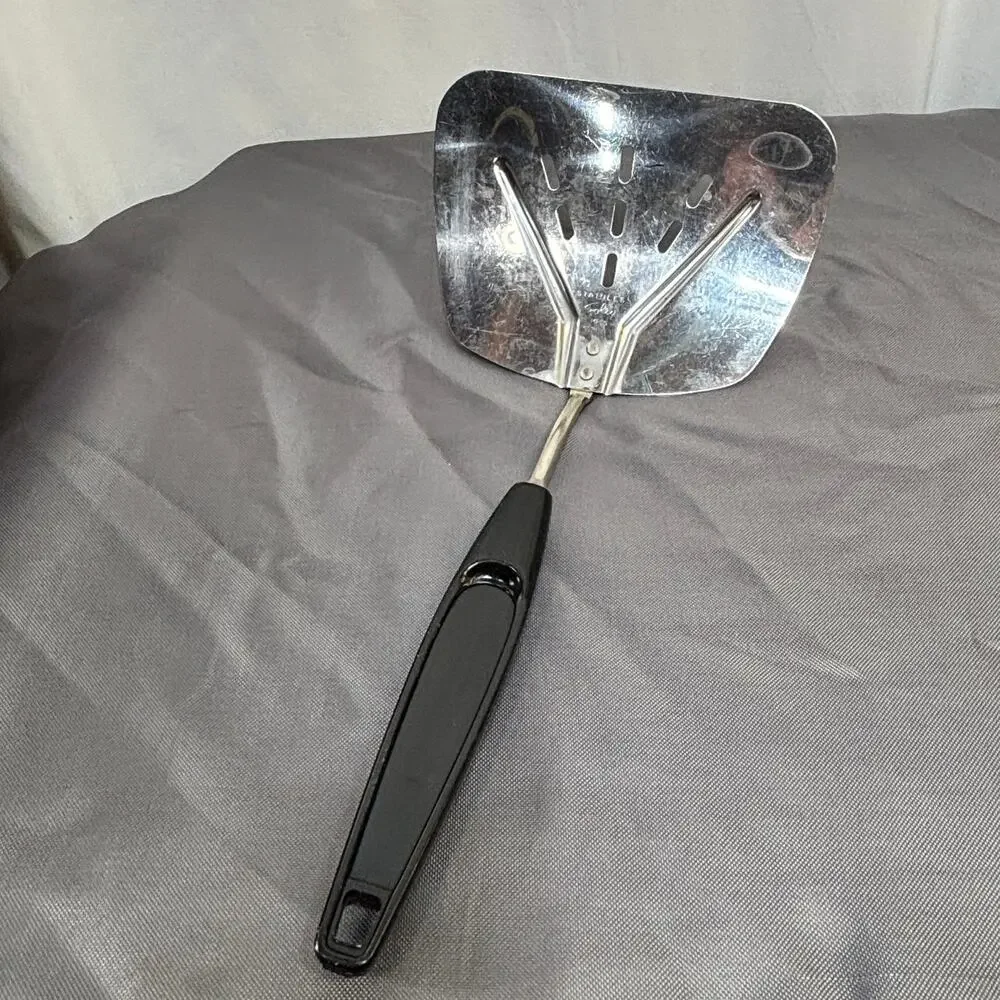VTG Foley Slotted Spatula Wide Curved Stainless Steel Head Black Plastic Handle